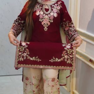 Garara Dress Collection – Merun Cotton Embroidery Three Piece