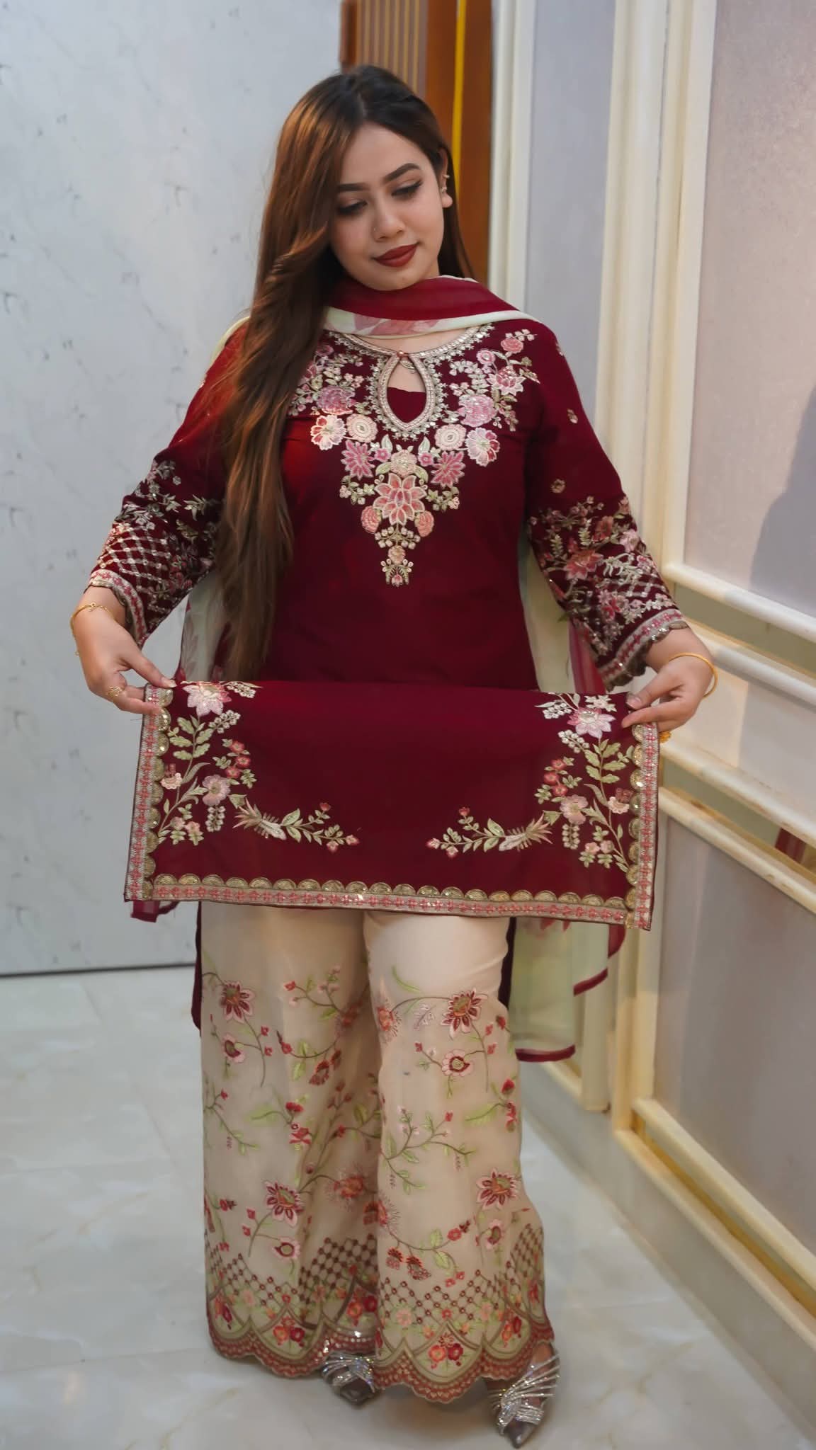 Garara Dress Collection – Merun Cotton Embroidery Three Piece