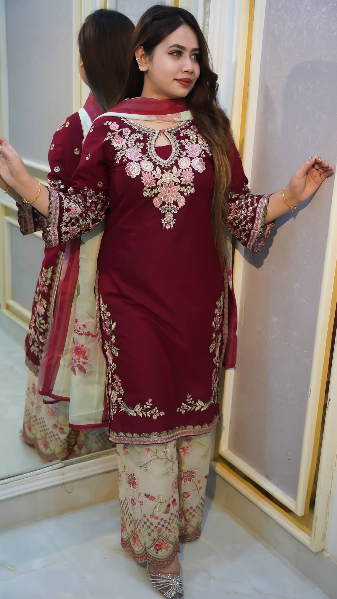 Garara Dress Collection – Merun Cotton Embroidery Three Piece - Image 2